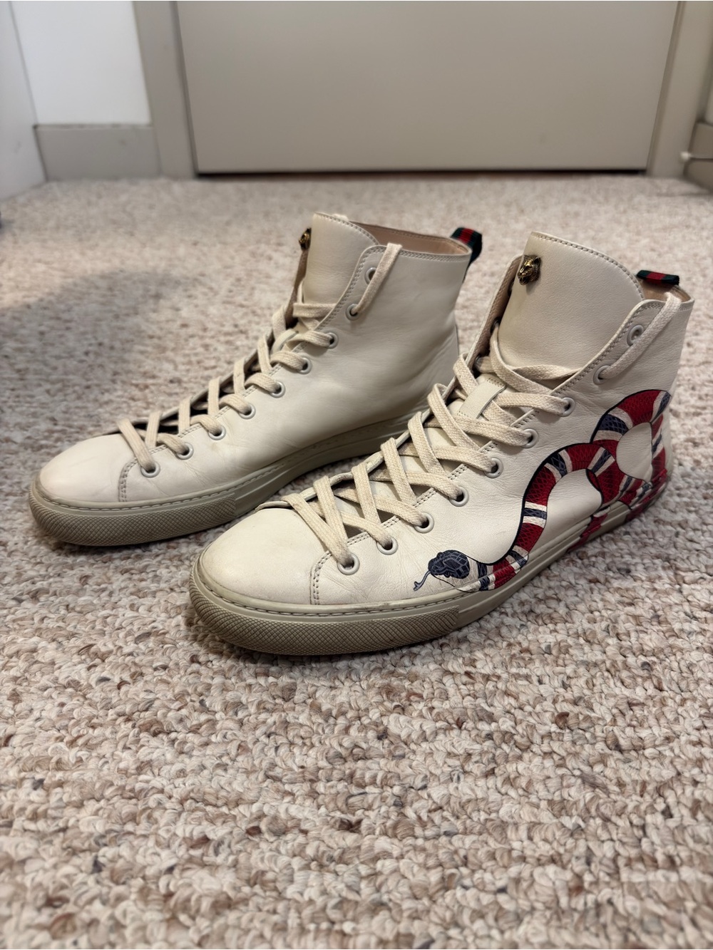 Gucci Cream High-Top Sneakers with Red & Black Snake Motif